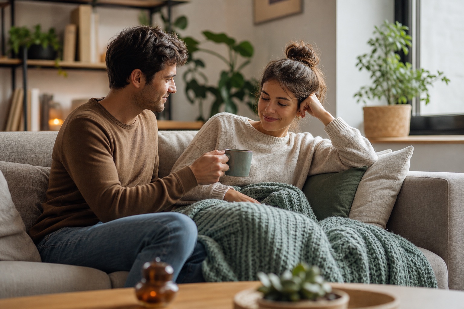 A couple sharing a quiet supportive moment at home